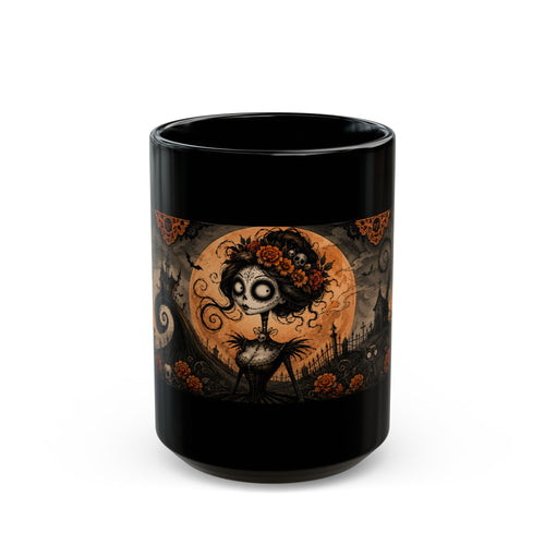 Catrina Moon Mug — Día de los Muertos Black Ceramic Coffee Cup, 11oz/15oz