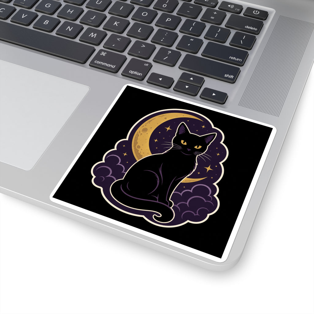 Black Cat Moon Sticker | Witchy Halloween Vinyl Decal, Gothic Celestial Sticker