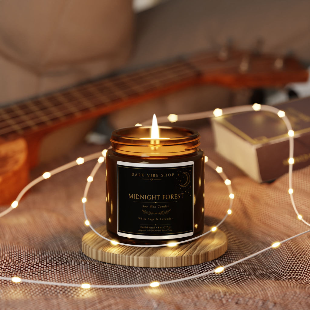 Midnight Forest Soy Candle | Dark Woodsy Scented Candle, Amber Jar Gothic Home Decor