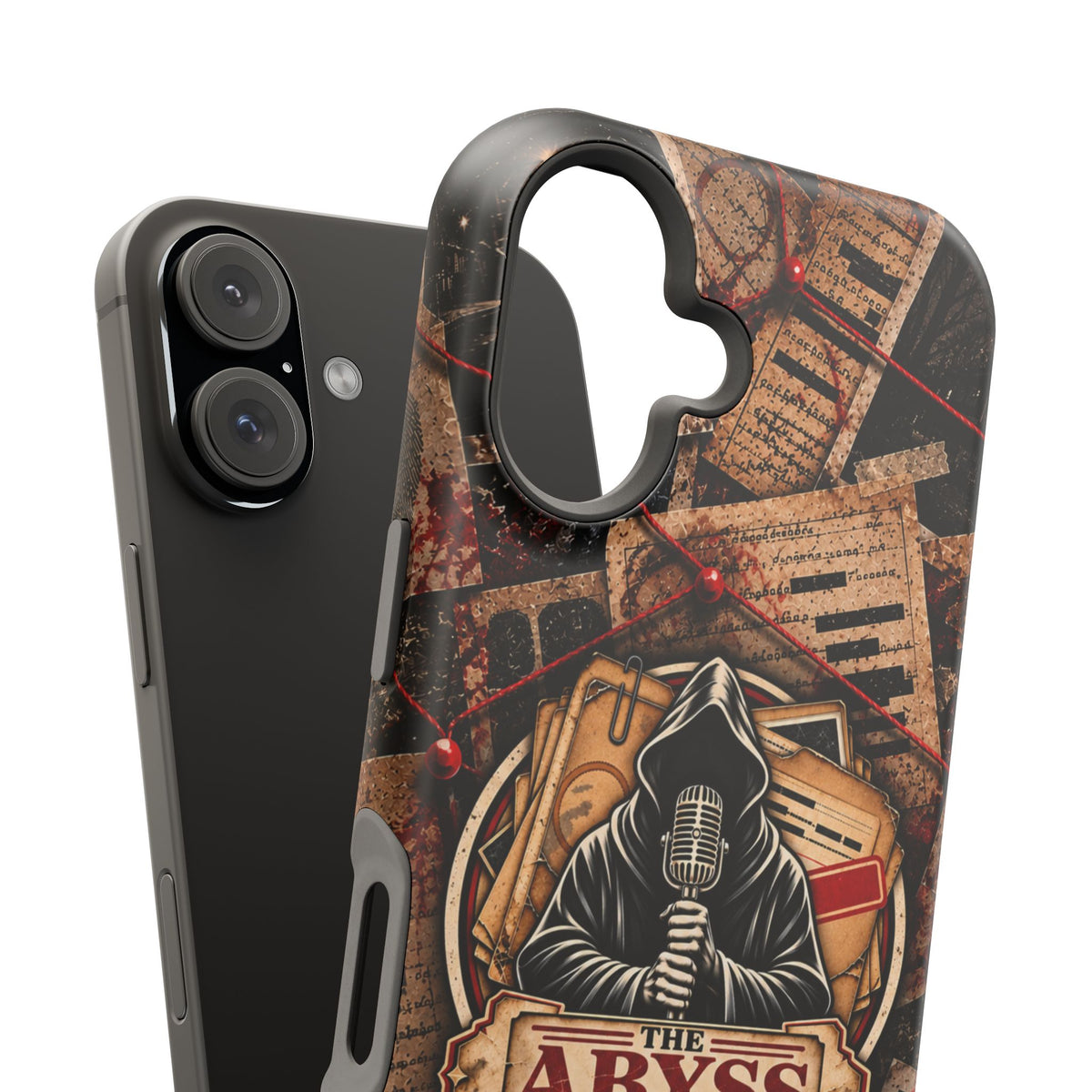The Abyss Narrator Phone Case — True Crime Cold Case Evidence Board Design, Magnetic MagSafe Tough Case for iPhone & Samsung
