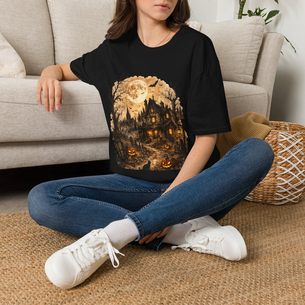 Playera Casa Embrujada · Luna Llena y Calabazas · Haunted House Gothic Halloween Tee