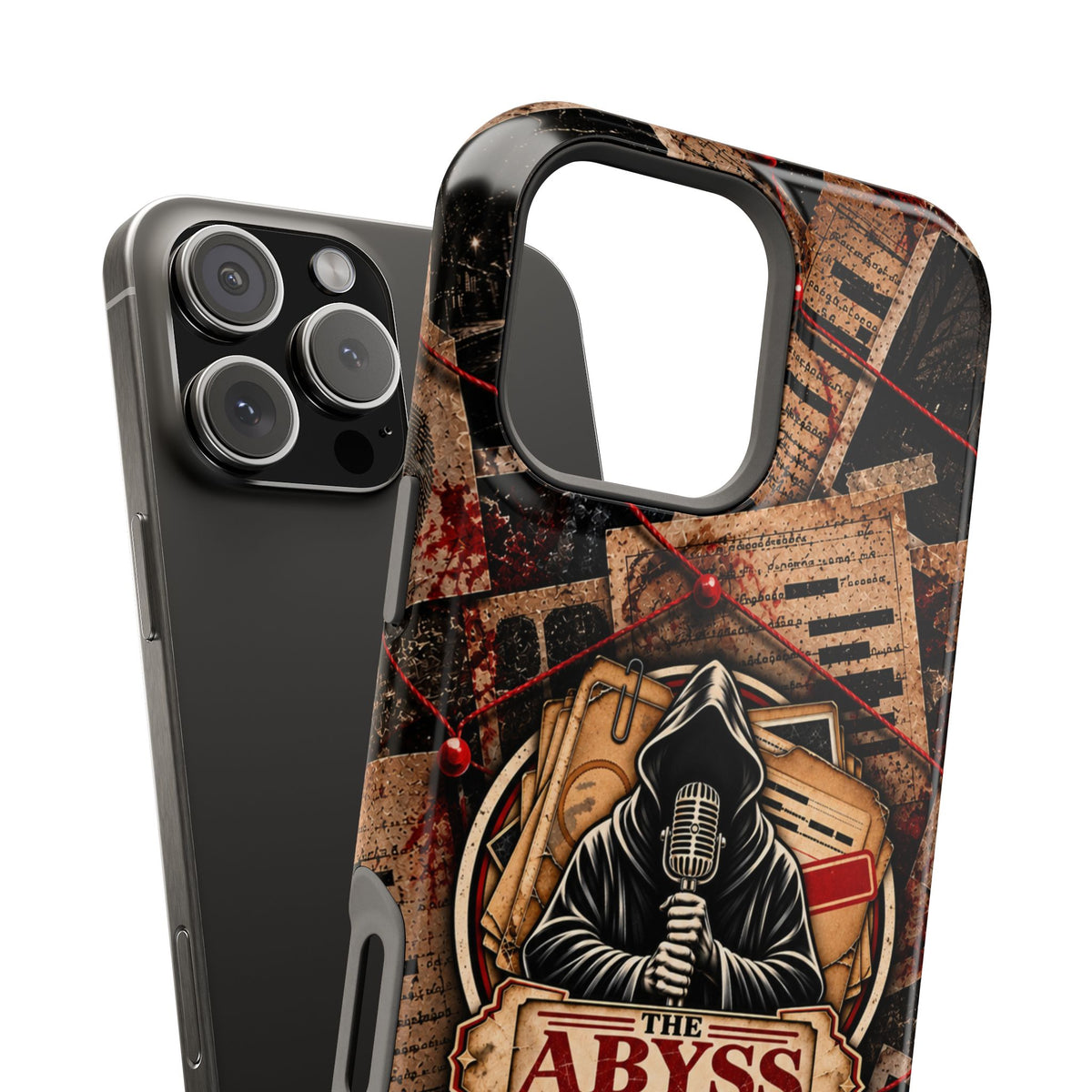 The Abyss Narrator Phone Case — True Crime Cold Case Evidence Board Design, Magnetic MagSafe Tough Case for iPhone & Samsung