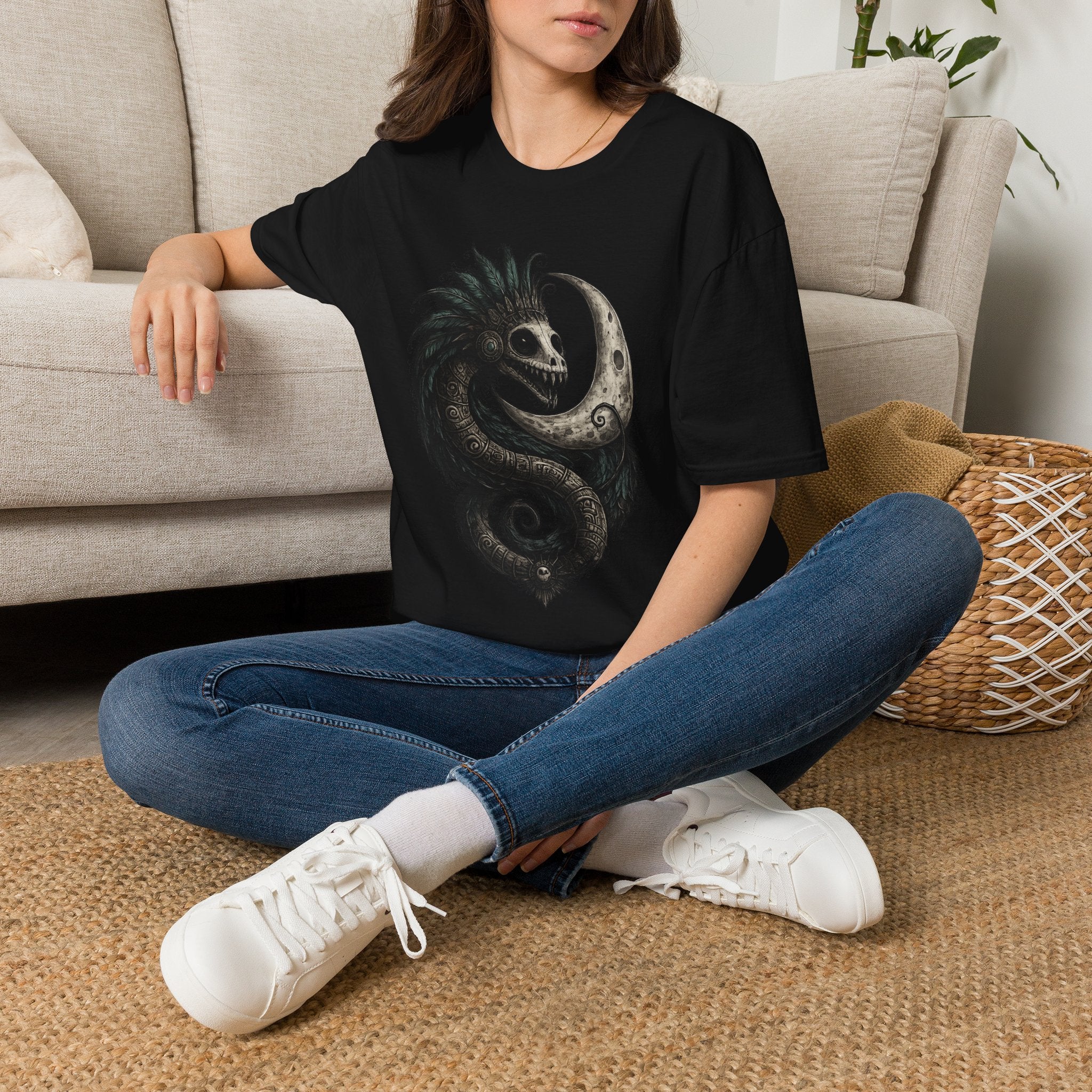 Playera Quetzalcóatl Crescent Moon · Serpiente Emplumada Azteca · Gothic Aztec Feathered Serpent Tee