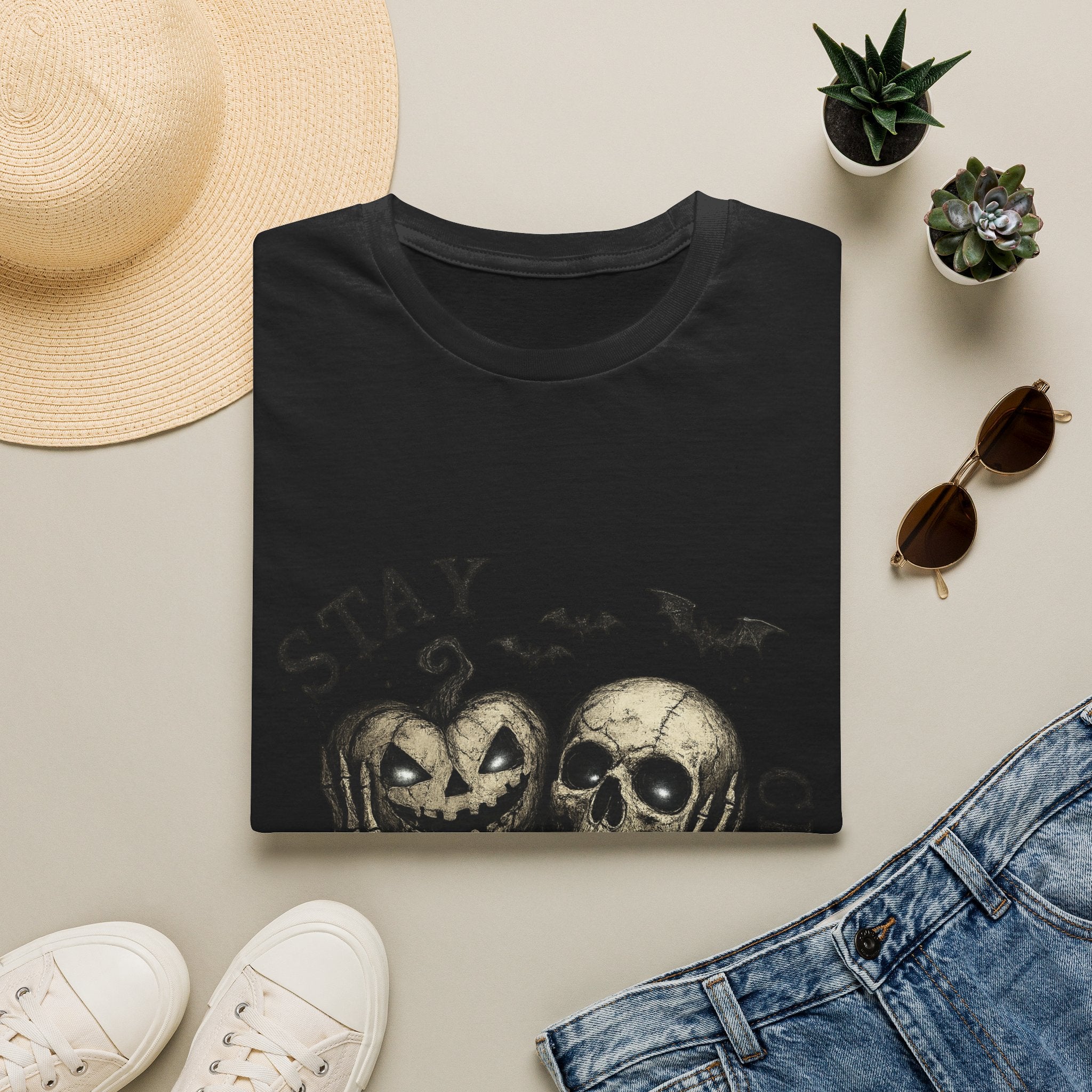 Playera Stay Creepy - cráneo vintage y calabazas, gothic halloween tee - foto 4