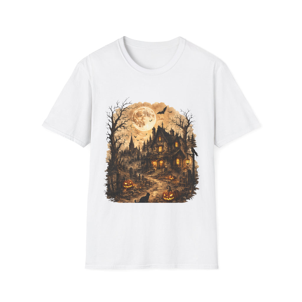 Playera Casa Embrujada · Luna Llena y Calabazas · Haunted House Gothic Halloween Tee