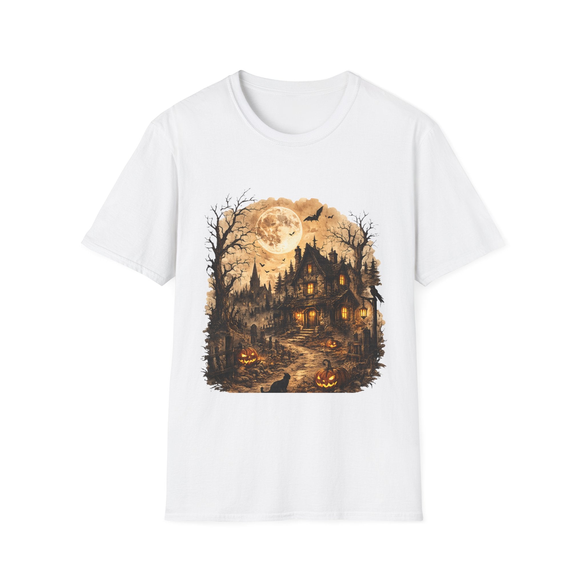 Playera Casa Embrujada · Luna Llena y Calabazas · Haunted House Gothic Halloween Tee