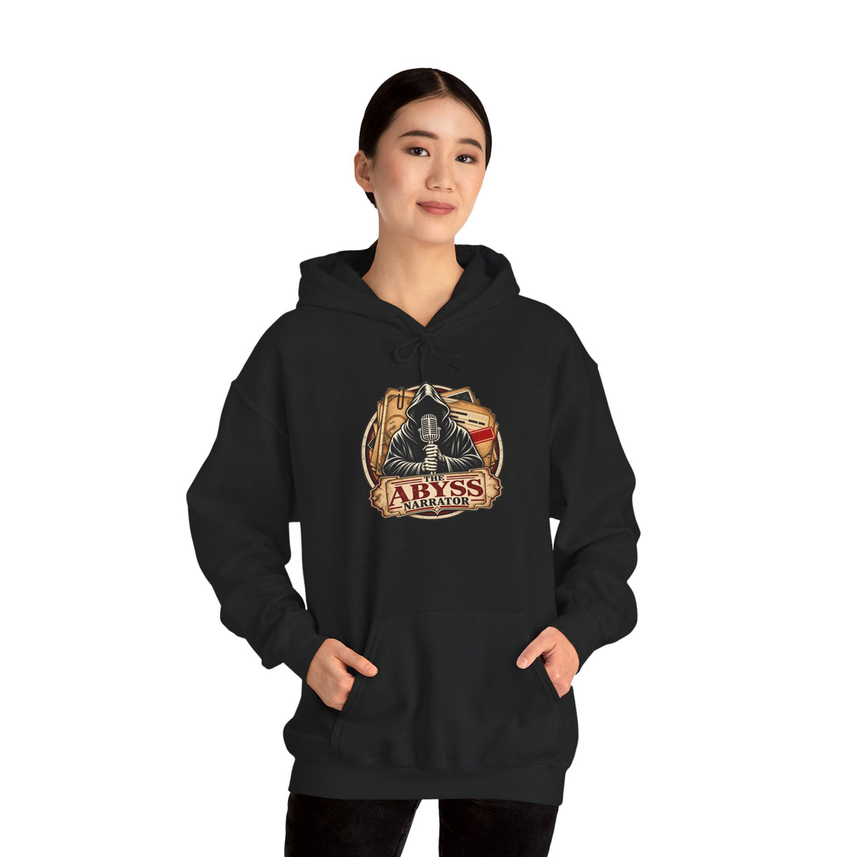 The Abyss Narrator Hoodie — Black True Crime & Mystery Sweatshirt, Hooded Narrator Microphone Logo, Cozy Gift for Podcast Listeners