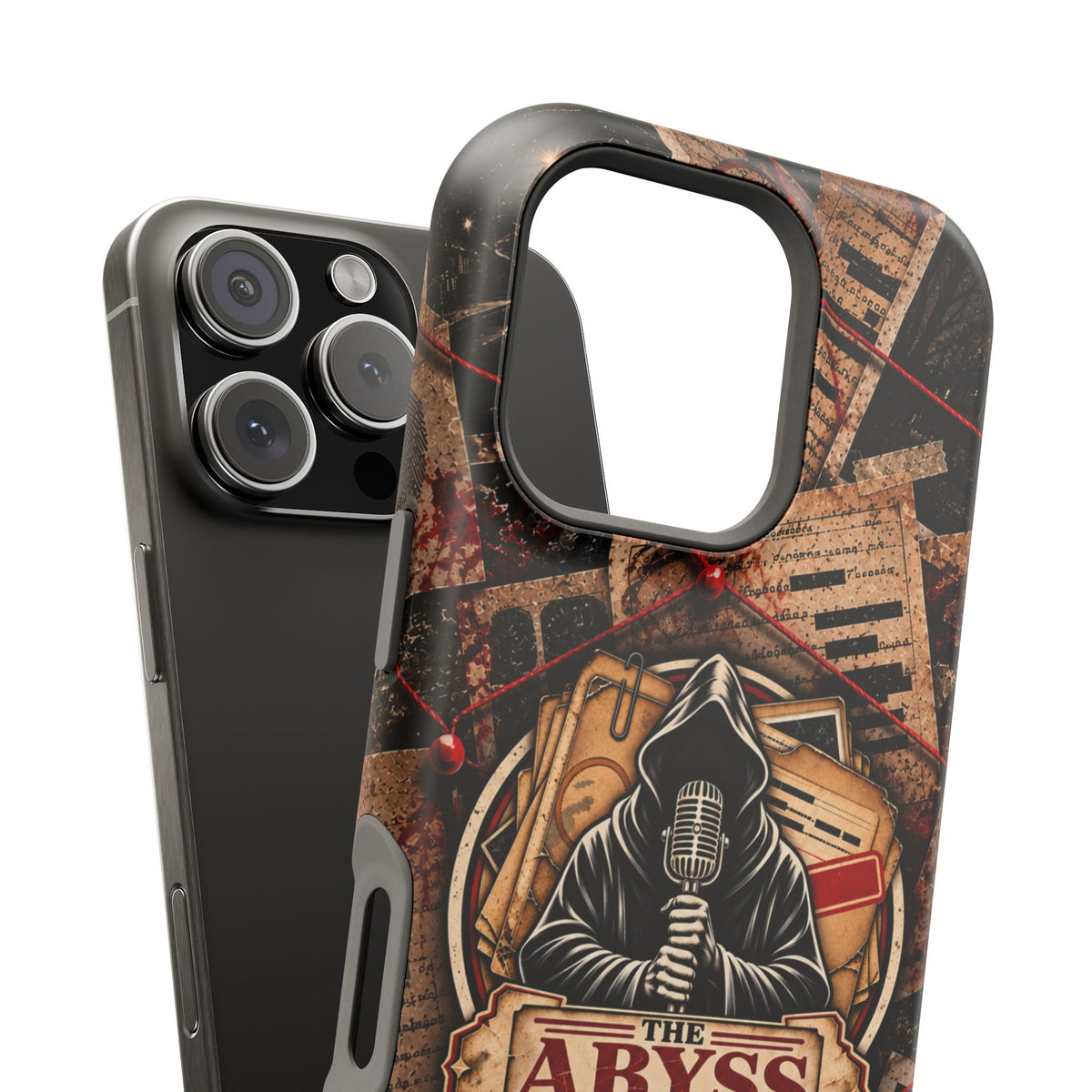 The Abyss Narrator Phone Case — True Crime Cold Case Evidence Board Design, Magnetic MagSafe Tough Case for iPhone & Samsung