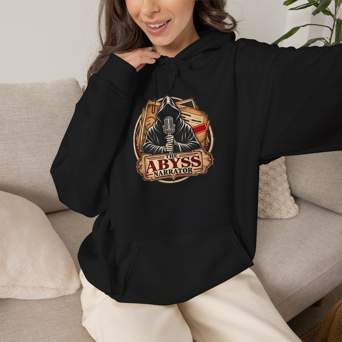 The Abyss Narrator Hoodie — Black True Crime & Mystery Sweatshirt, Hooded Narrator Microphone Logo, Cozy Gift for Podcast Listeners