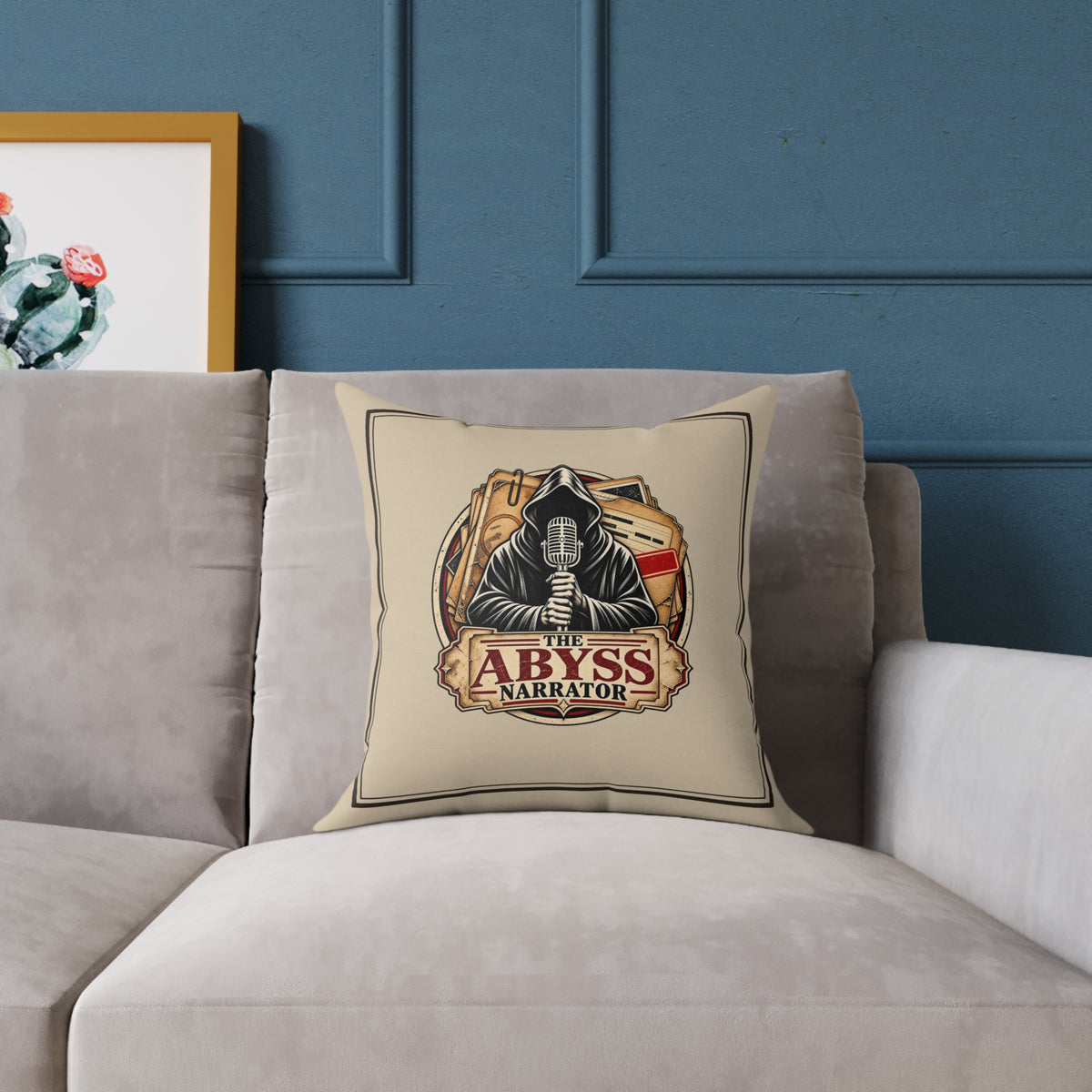 The Abyss Narrator decorative pillow on a gray sofa