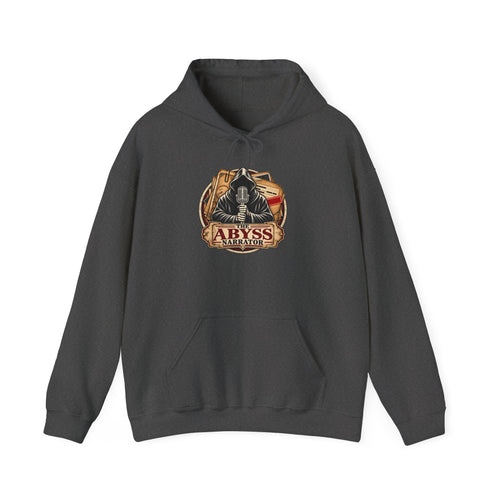 The Abyss Narrator Hoodie — Black True Crime & Mystery Sweatshirt, Hooded Narrator Microphone Logo, Cozy Gift for Podcast Listeners