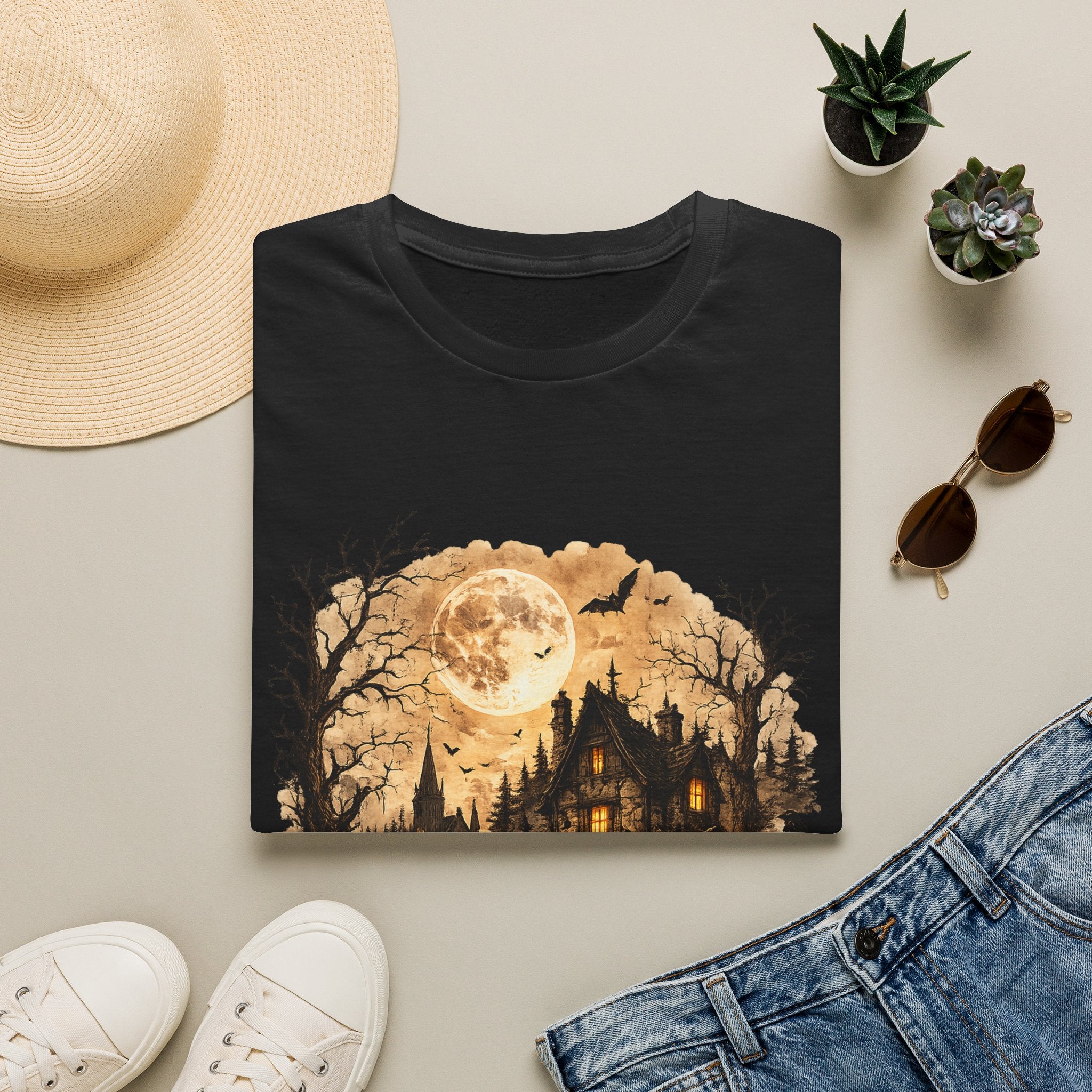 Playera Casa Embrujada - luna llena y calabazas, haunted house gothic tee - foto 5