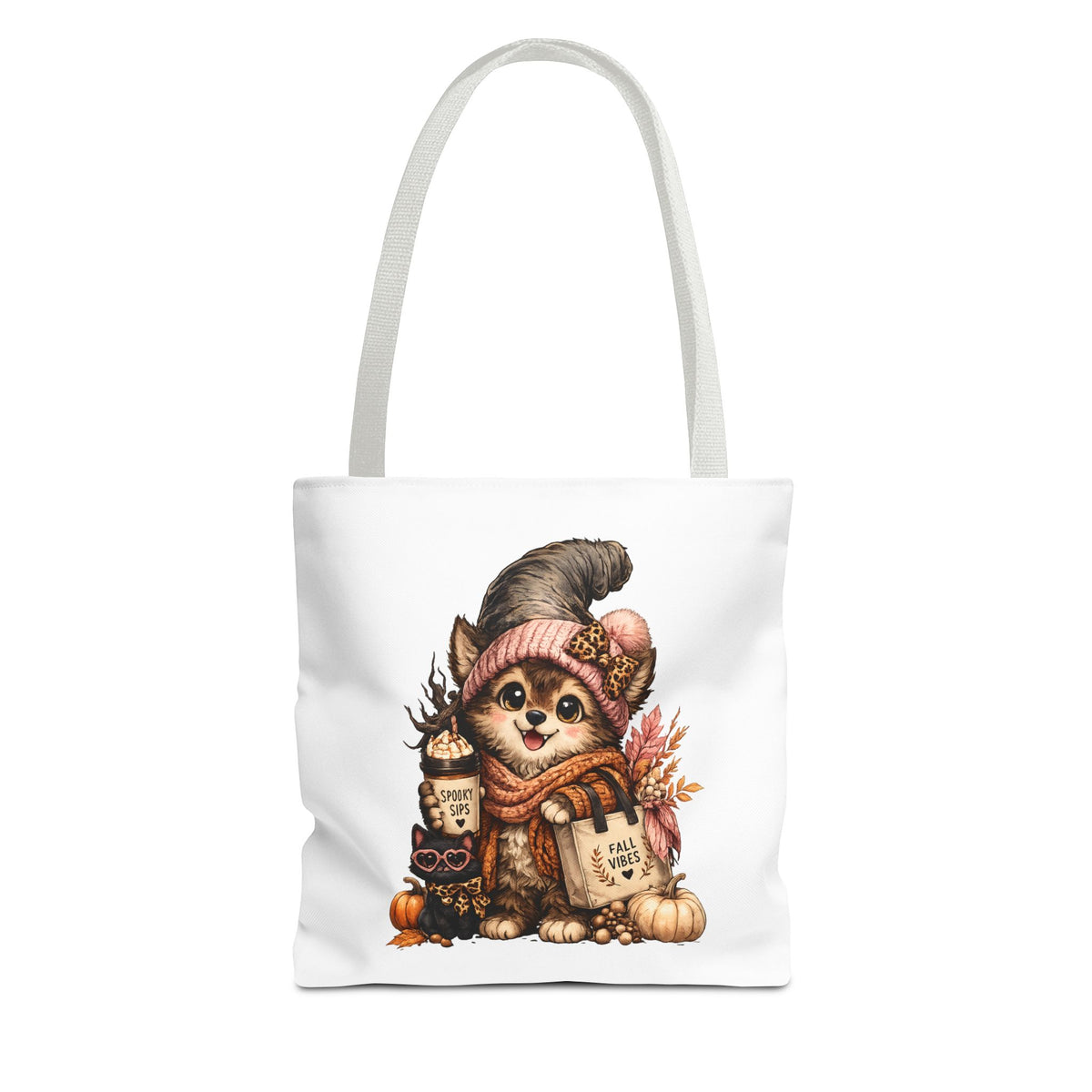 Autumn Fox Tote Bag — Cute Fox in Knit Hat with Fall Pumpkin Design