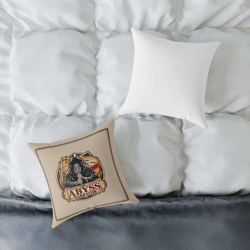 The Abyss Narrator pillow on a white bed