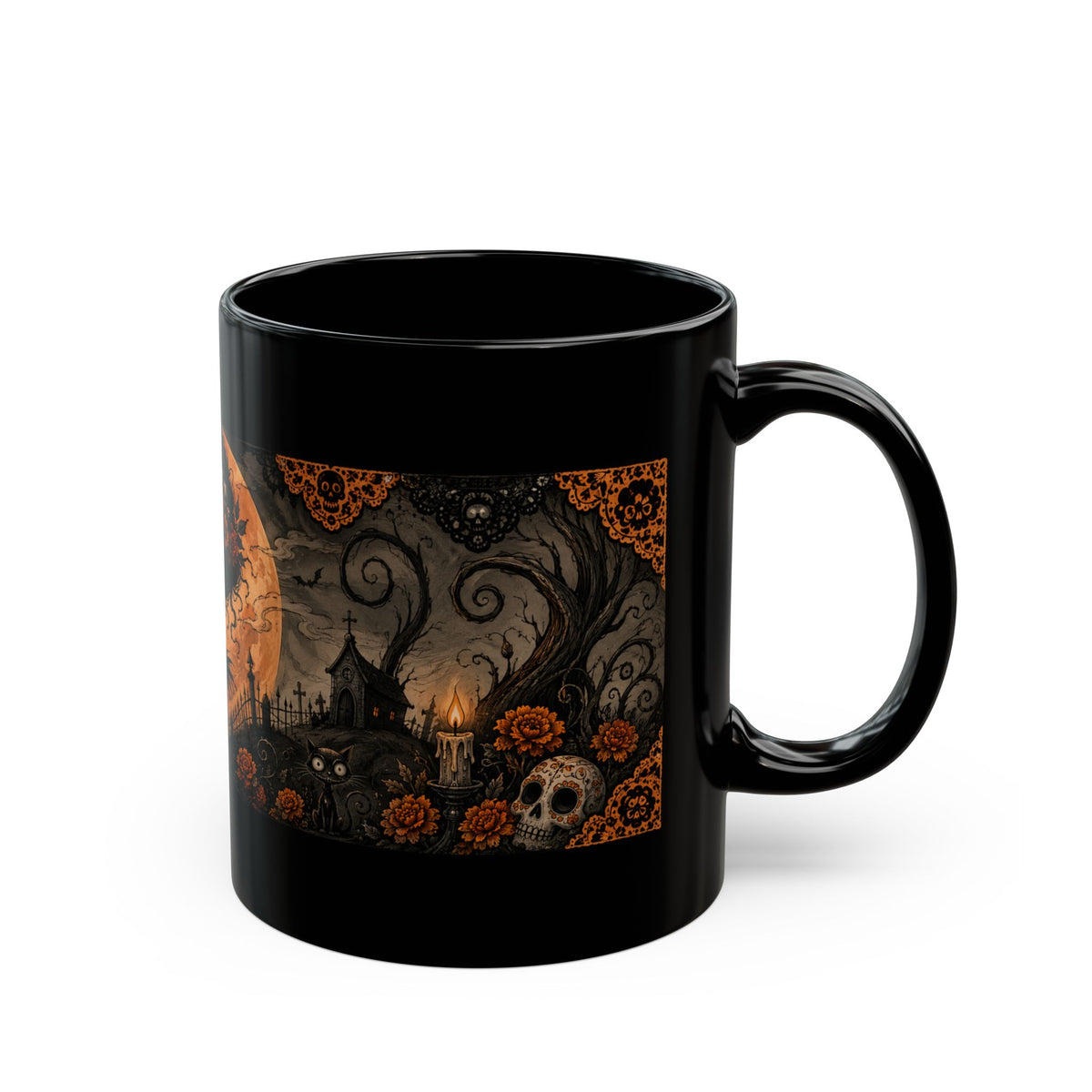Catrina Moon Mug — Día de los Muertos Black Ceramic Coffee Cup, 11oz/15oz