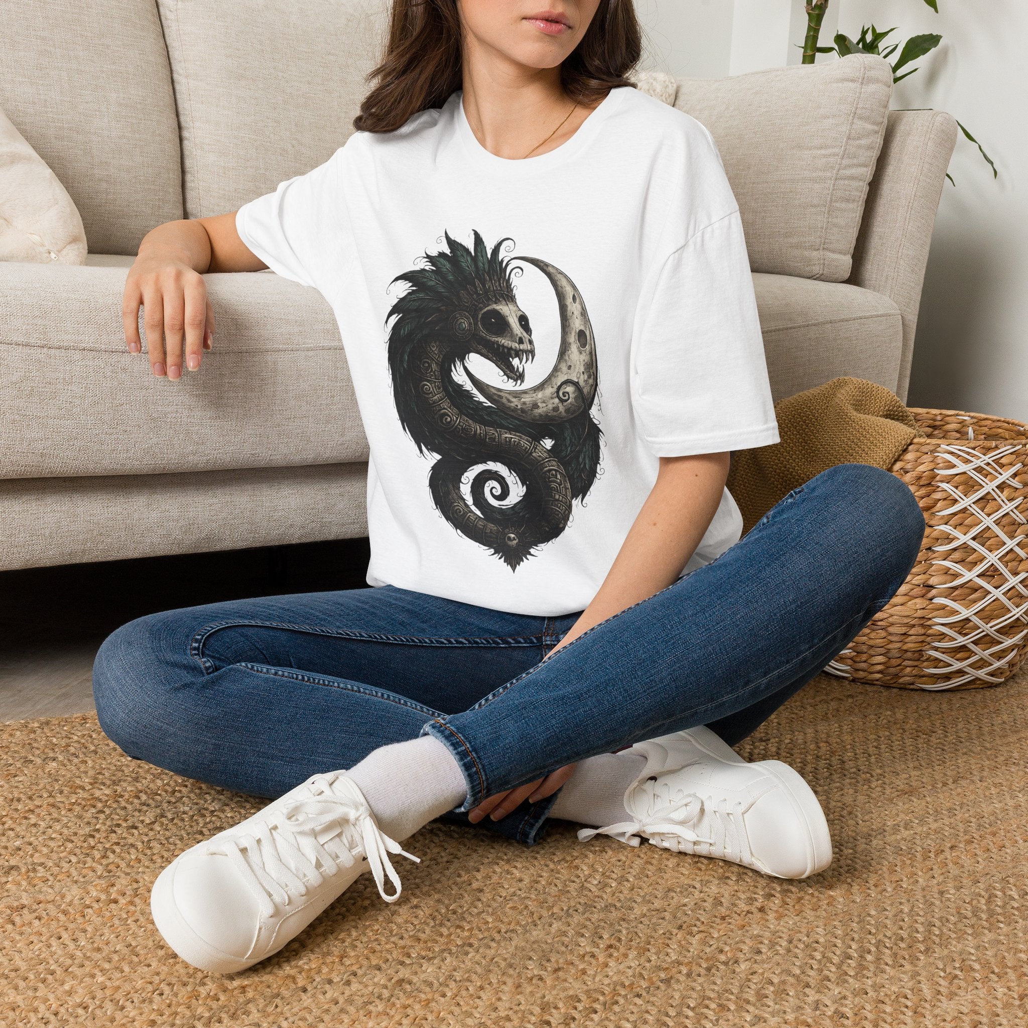 Playera Quetzalcóatl Crescent Moon · Serpiente Emplumada Azteca · Gothic Aztec Feathered Serpent Tee