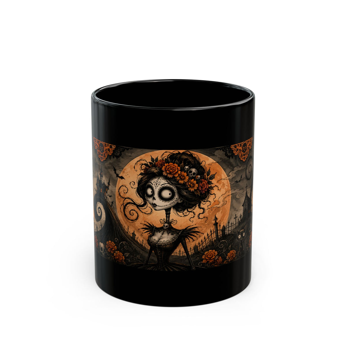 Catrina Moon Mug — Día de los Muertos Black Ceramic Coffee Cup, 11oz/15oz