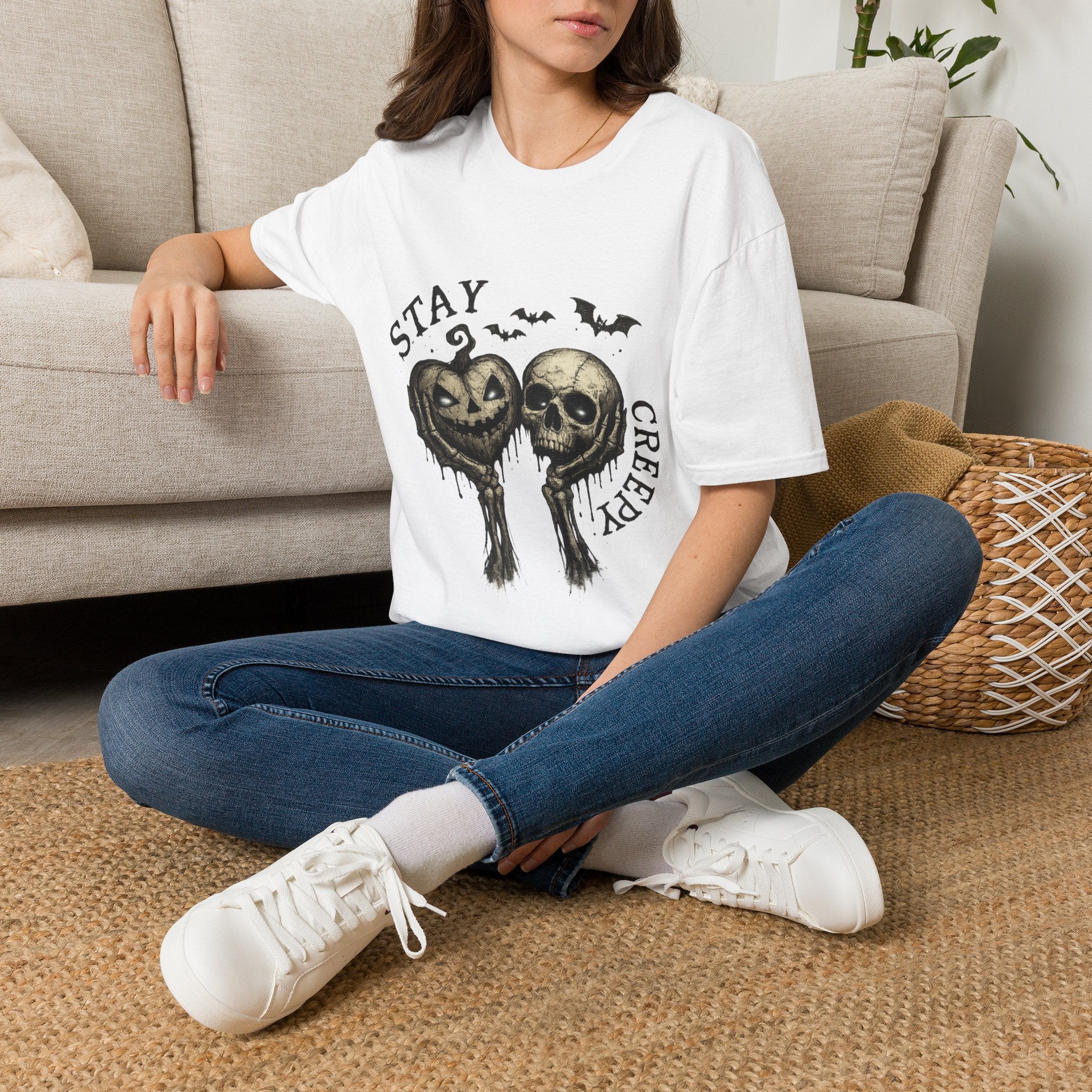 Playera Stay Creepy - cráneo vintage y calabazas, gothic halloween tee - foto 2