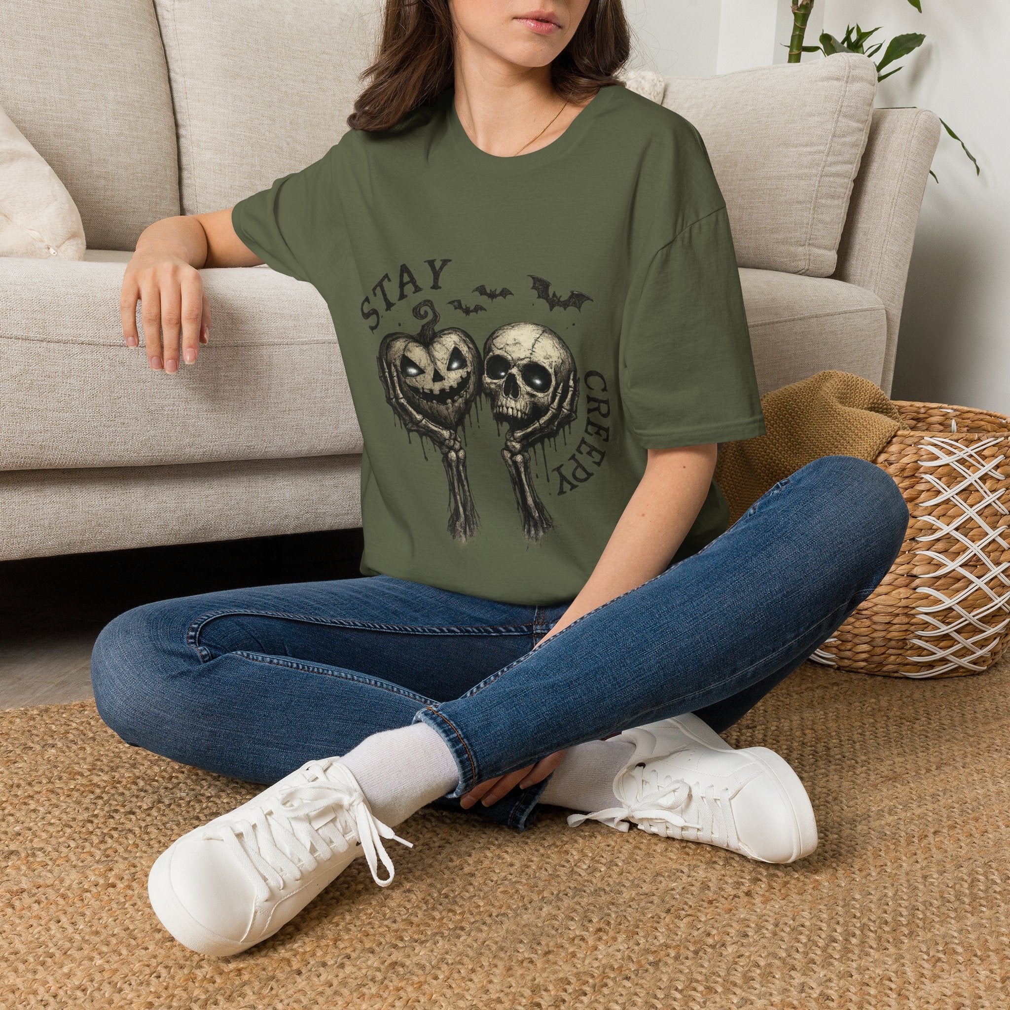Playera Stay Creepy - cráneo vintage y calabazas, gothic halloween tee - foto 1