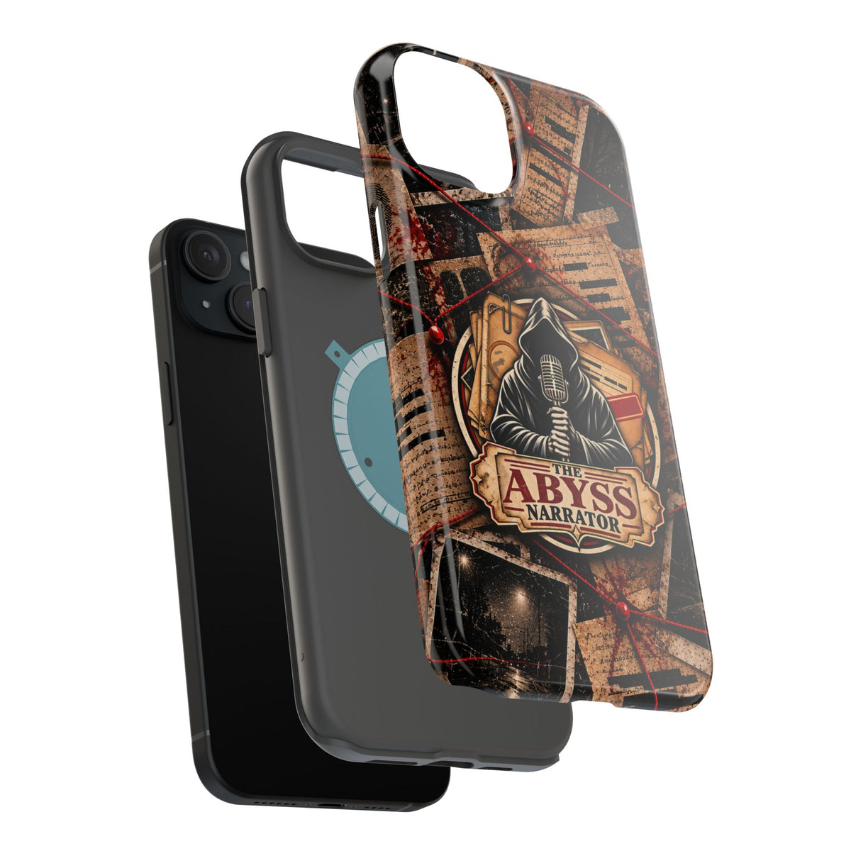 The Abyss Narrator Phone Case — True Crime Cold Case Evidence Board Design, Magnetic MagSafe Tough Case for iPhone & Samsung
