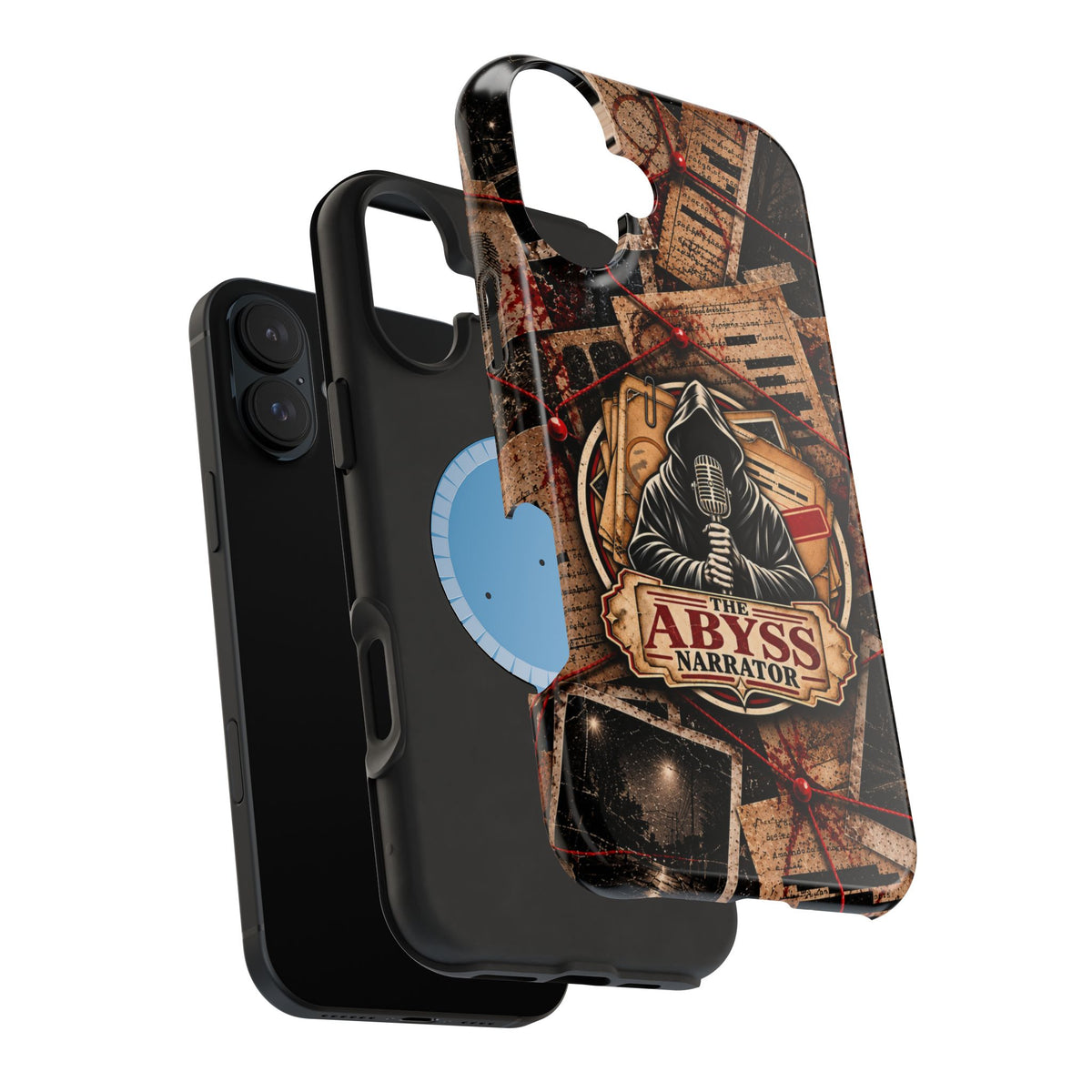 The Abyss Narrator Phone Case — True Crime Cold Case Evidence Board Design, Magnetic MagSafe Tough Case for iPhone & Samsung