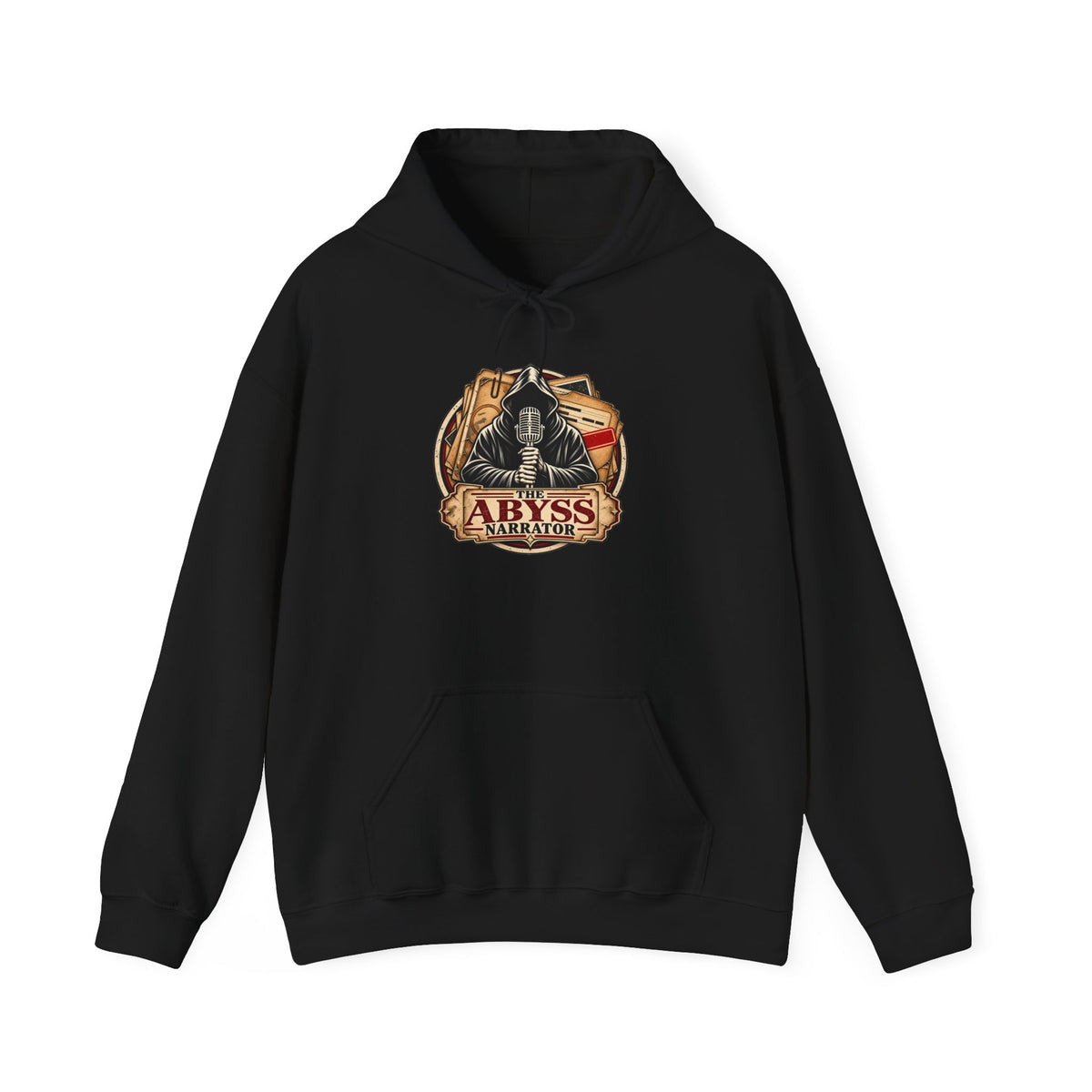 The Abyss Narrator Hoodie — Black True Crime & Mystery Sweatshirt, Hooded Narrator Microphone Logo, Cozy Gift for Podcast Listeners