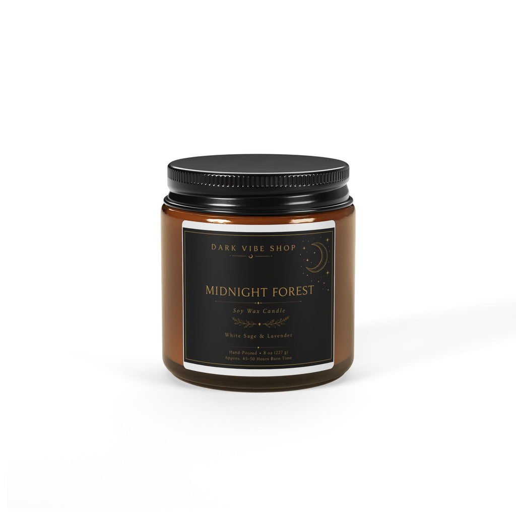 Midnight Forest Soy Candle | Dark Woodsy Scented Candle, Amber Jar Gothic Home Decor