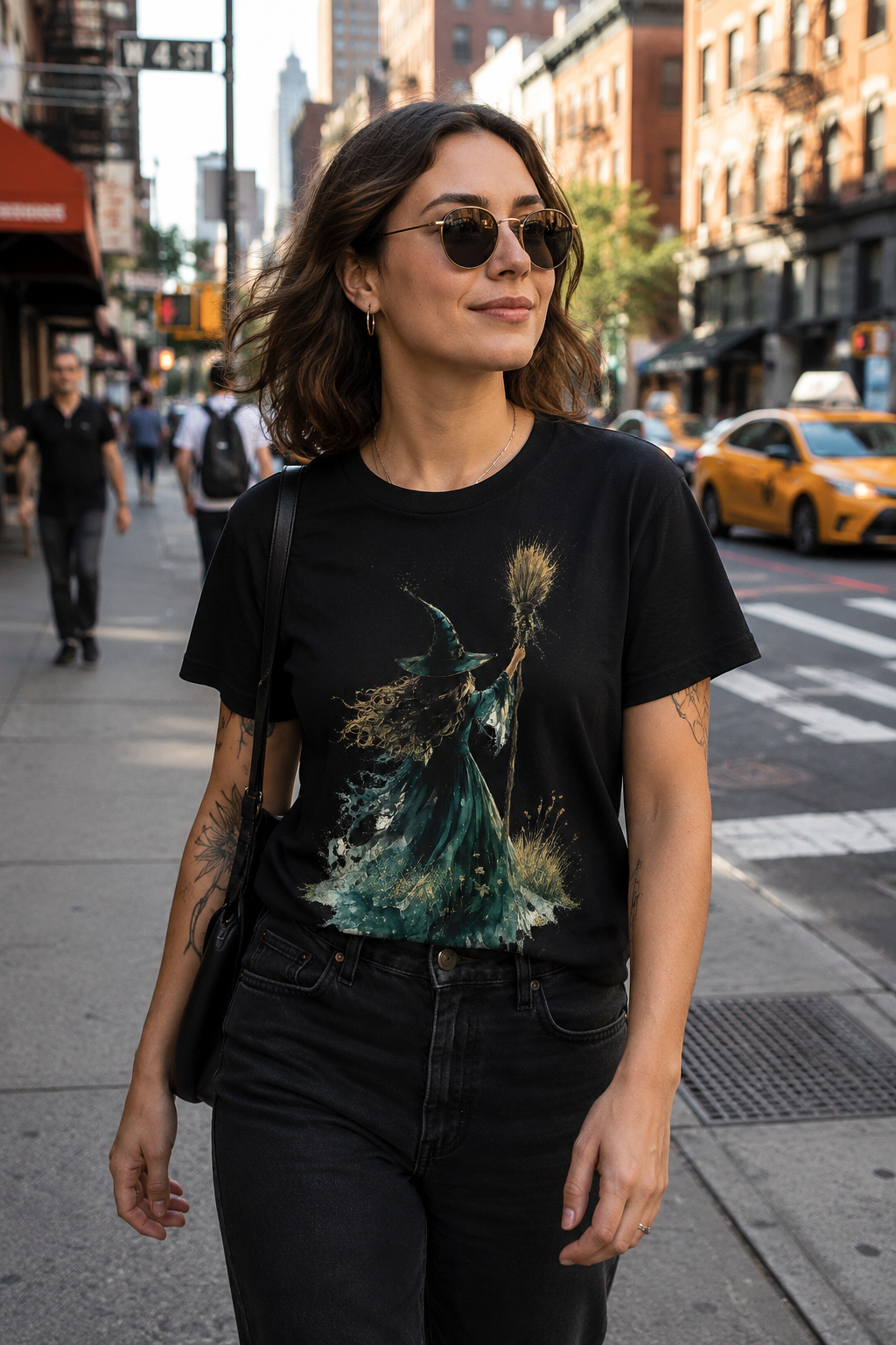 Watercolor Witch T-Shirt - mystical broom silhouette, gothic halloween tee - foto 2