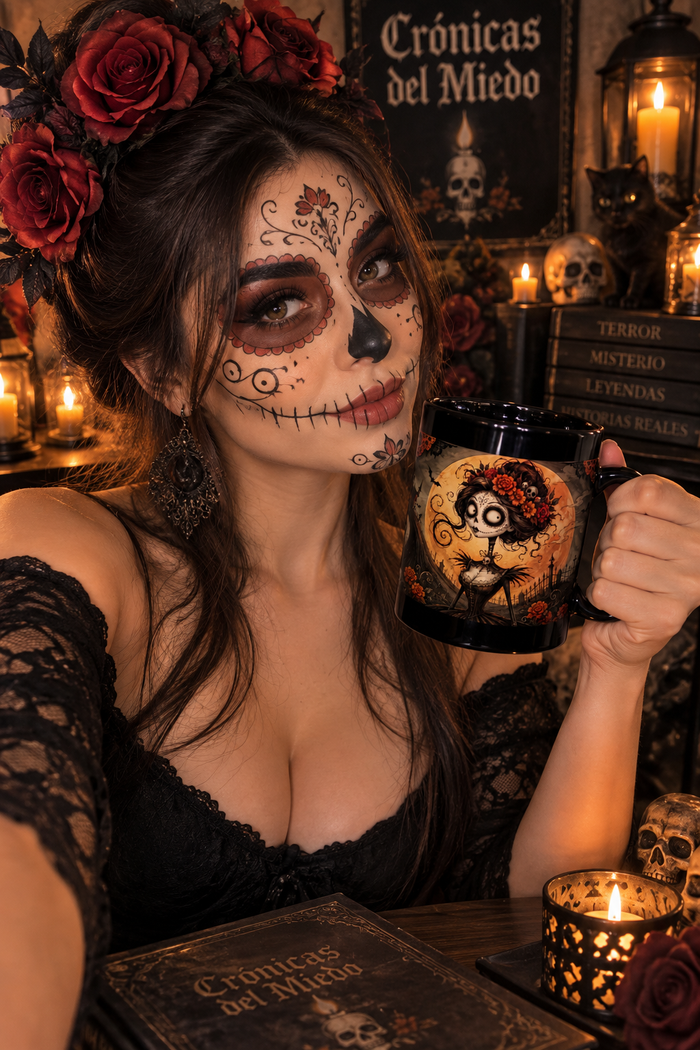 Catrina Moon Mug — Día de los Muertos Black Ceramic Coffee Cup, 11oz/15oz