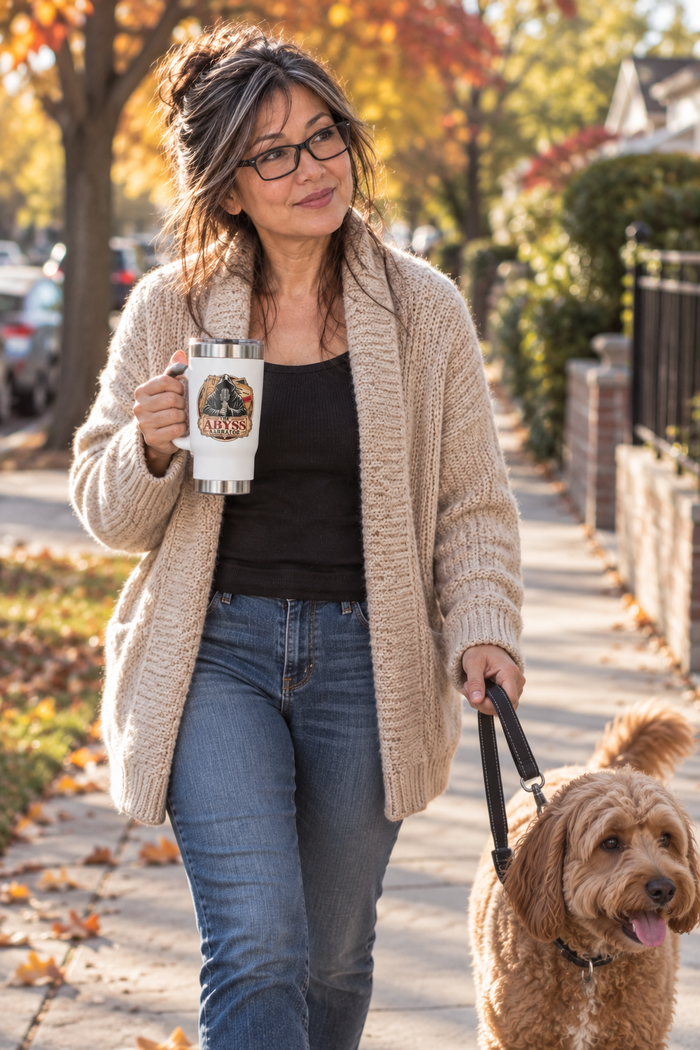The Abyss Narrator Travel Mug — 14oz Insulated Stainless Steel Coffee Tumbler with Handle for True Crime and Mystery Listeners