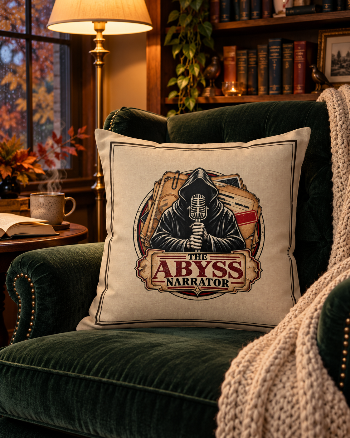 The Abyss Narrator throw pillow on a green velvet reading armchair in a cozy home library