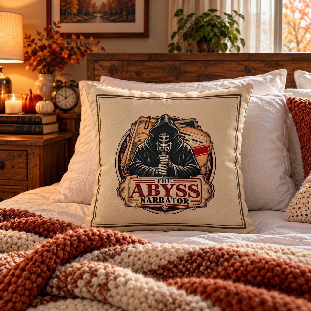 The Abyss Narrator pillow on a cozy autumn bed with knit blanket