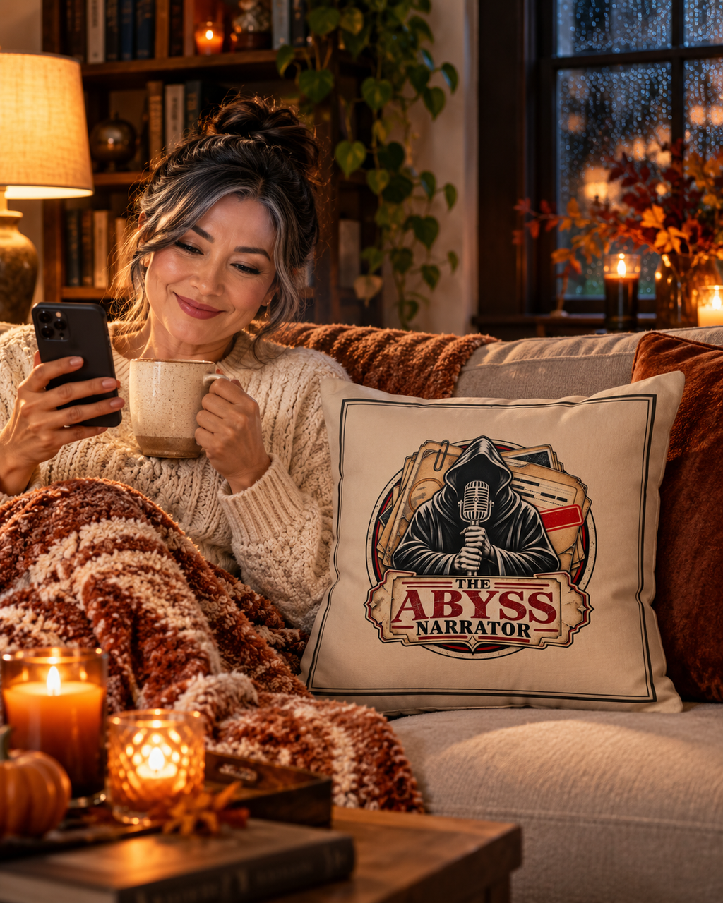 Woman listening to a mystery story with tea next to The Abyss Narrator true crime pillow
