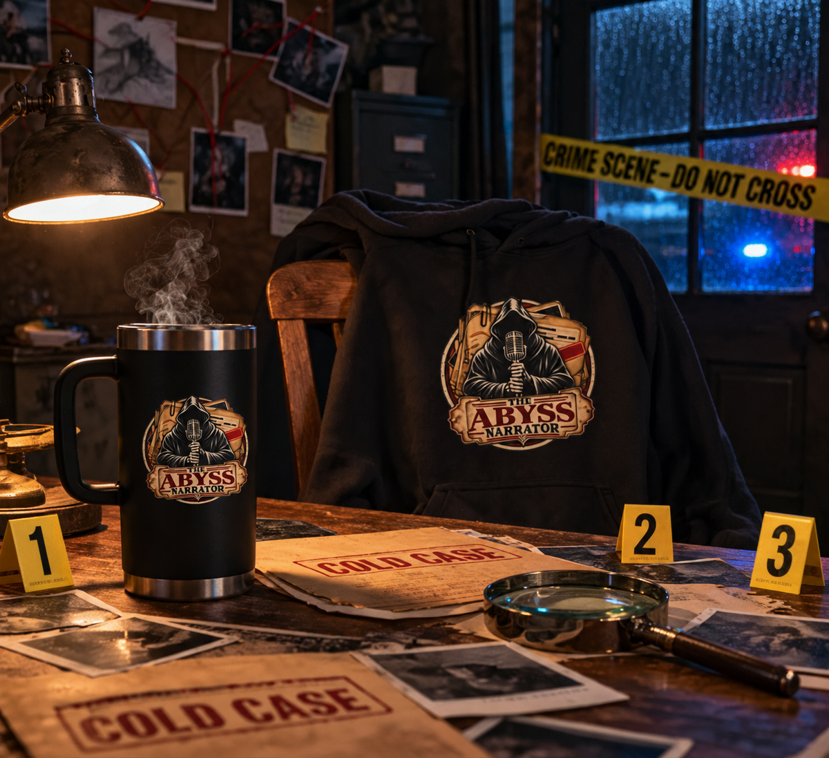 The Abyss Narrator Hoodie — Black True Crime & Mystery Sweatshirt, Hooded Narrator Microphone Logo, Cozy Gift for Podcast Listeners