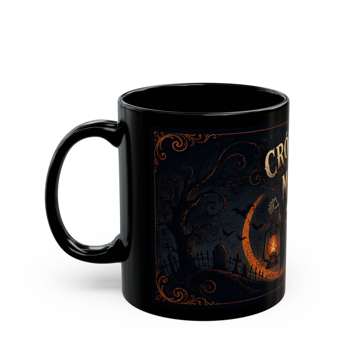 Crónicas del Miedo Haunted Moon Mug — Black Ceramic Coffee Cup, 11oz/15oz