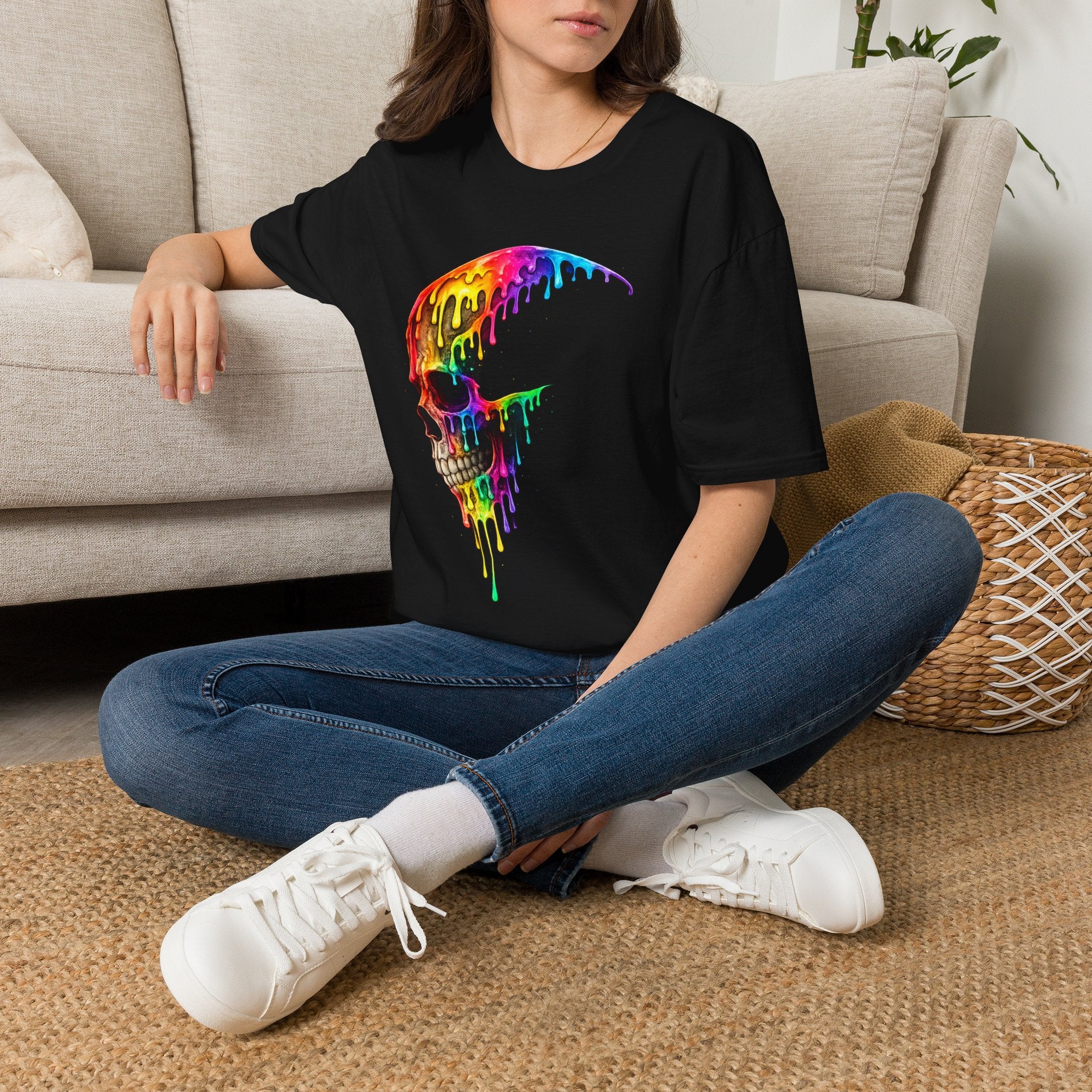 Playera Cráneo Arcoíris · Calavera Goteante de Color · Rainbow Drip Skull Festival Streetwear Tee