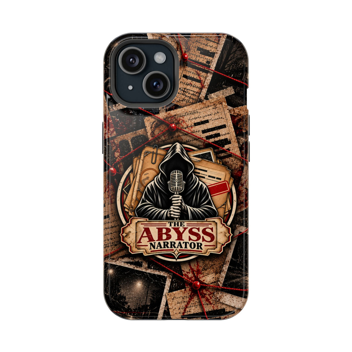 The Abyss Narrator Phone Case — True Crime Cold Case Evidence Board Design, Magnetic MagSafe Tough Case for iPhone & Samsung