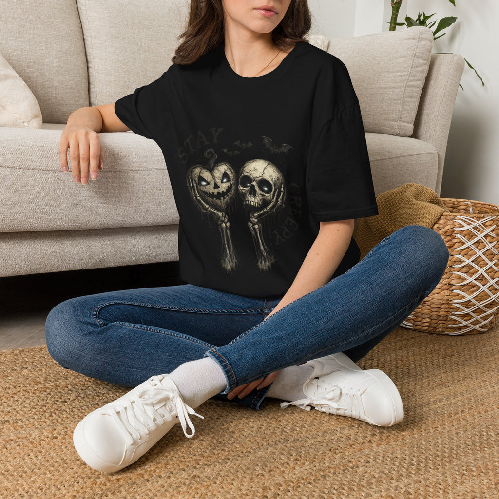 Playera Stay Creepy · Cráneo Vintage y Calabazas · Gothic Halloween Skull Pumpkin Tee
