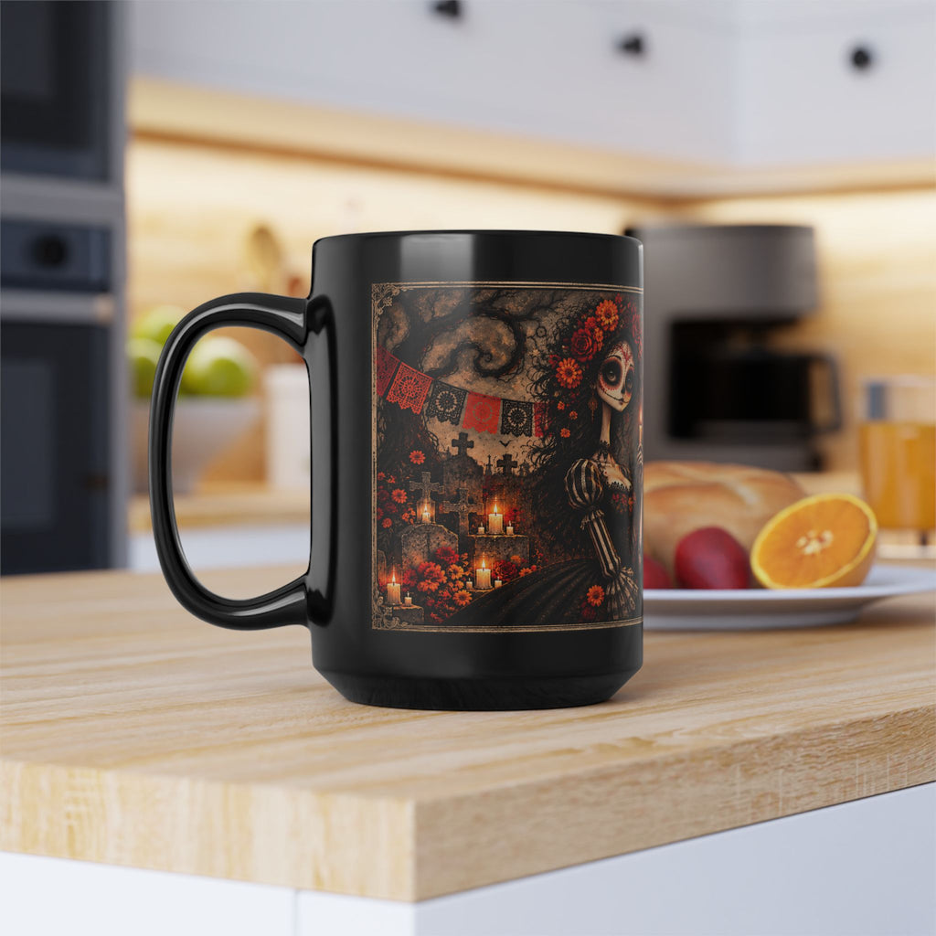 Day of the Dead Catrina Mug | Gothic Halloween Black Coffee Mug | Dia de los Muertos Gift 11oz 15oz
