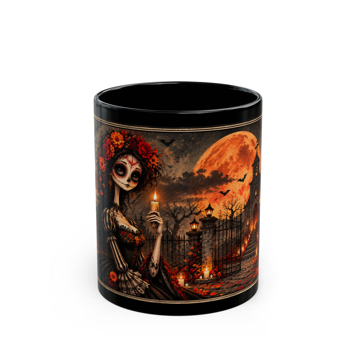 Day of the Dead Catrina Mug | Gothic Halloween Black Coffee Mug | Dia de los Muertos Gift 11oz 15oz