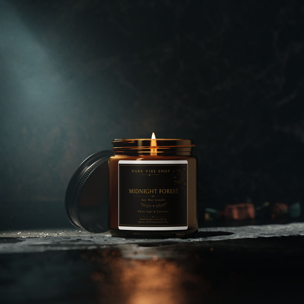 Midnight Forest Soy Candle | Dark Woodsy Scented Candle, Amber Jar Gothic Home Decor