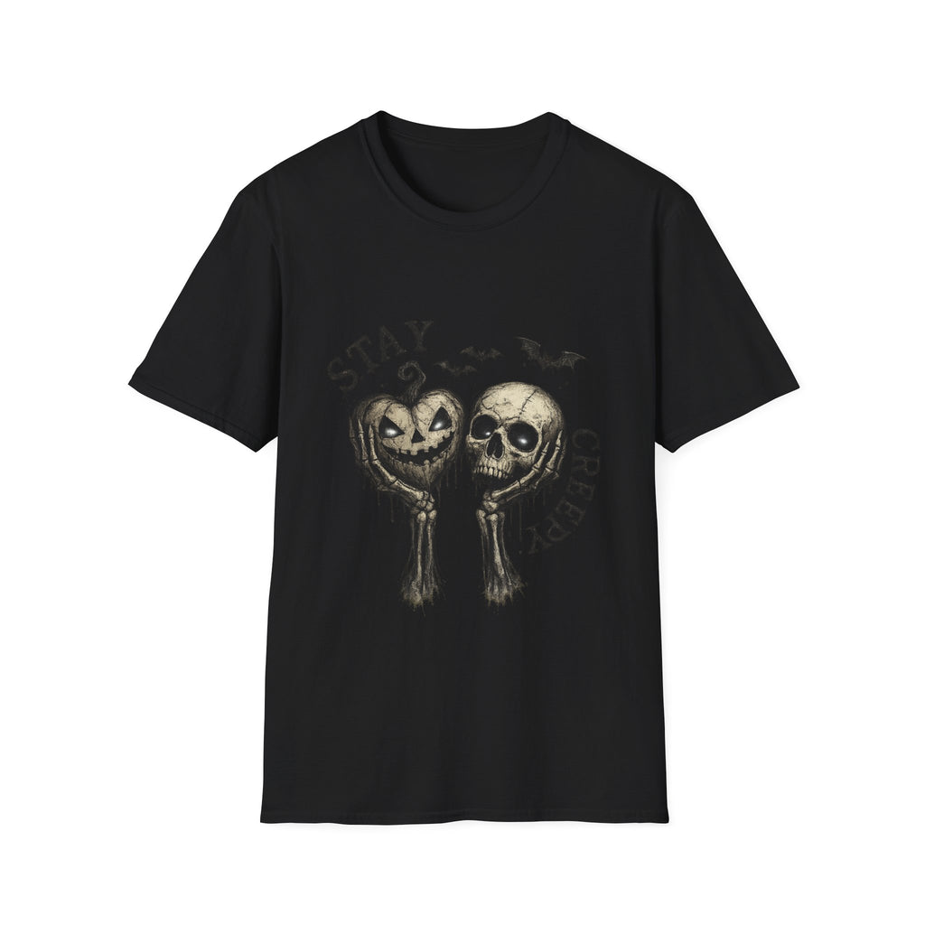 Playera Stay Creepy · Cráneo Vintage y Calabazas · Gothic Halloween Skull Pumpkin Tee