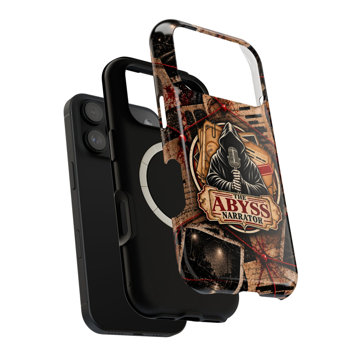 The Abyss Narrator Phone Case — True Crime Cold Case Evidence Board Design, Magnetic MagSafe Tough Case for iPhone & Samsung