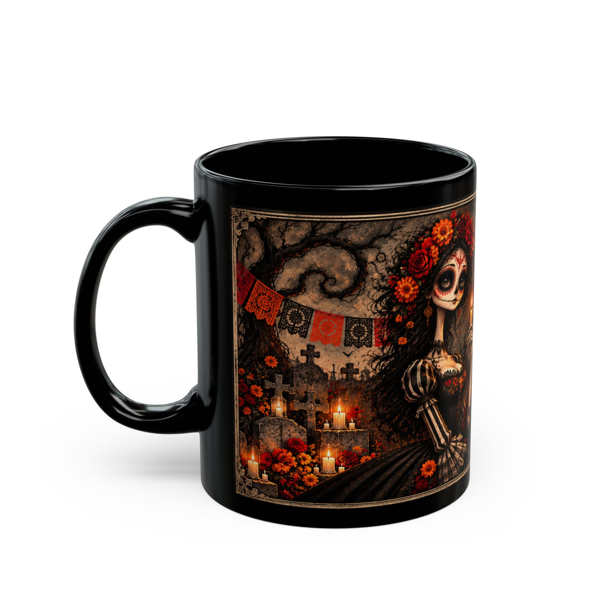 Day of the Dead Catrina Mug | Gothic Halloween Black Coffee Mug | Dia de los Muertos Gift 11oz 15oz