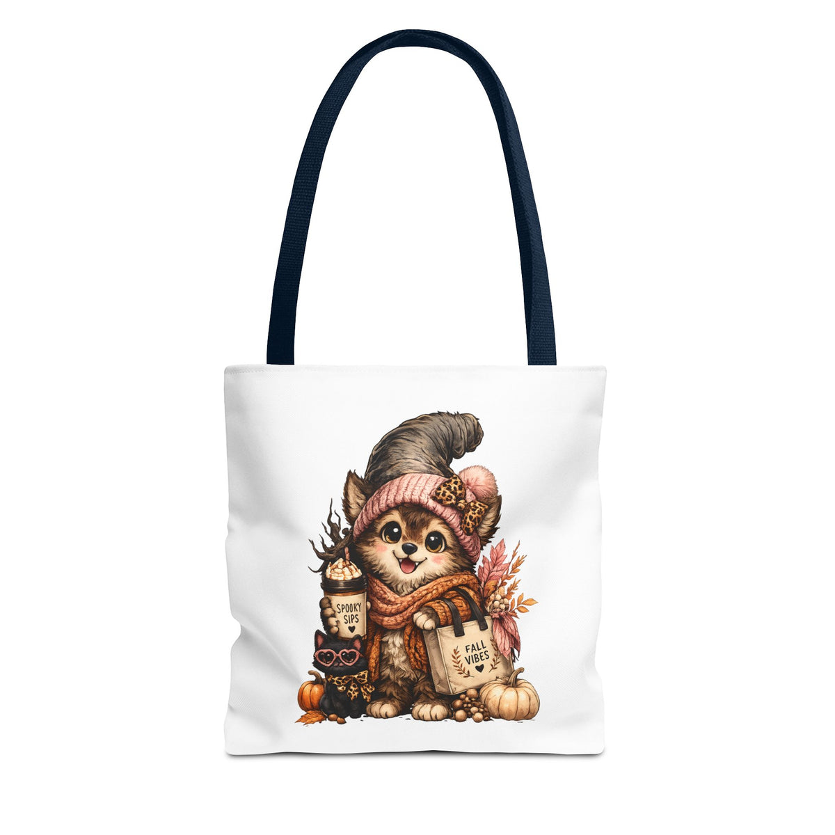 Autumn Fox Tote Bag — Cute Fox in Knit Hat with Fall Pumpkin Design