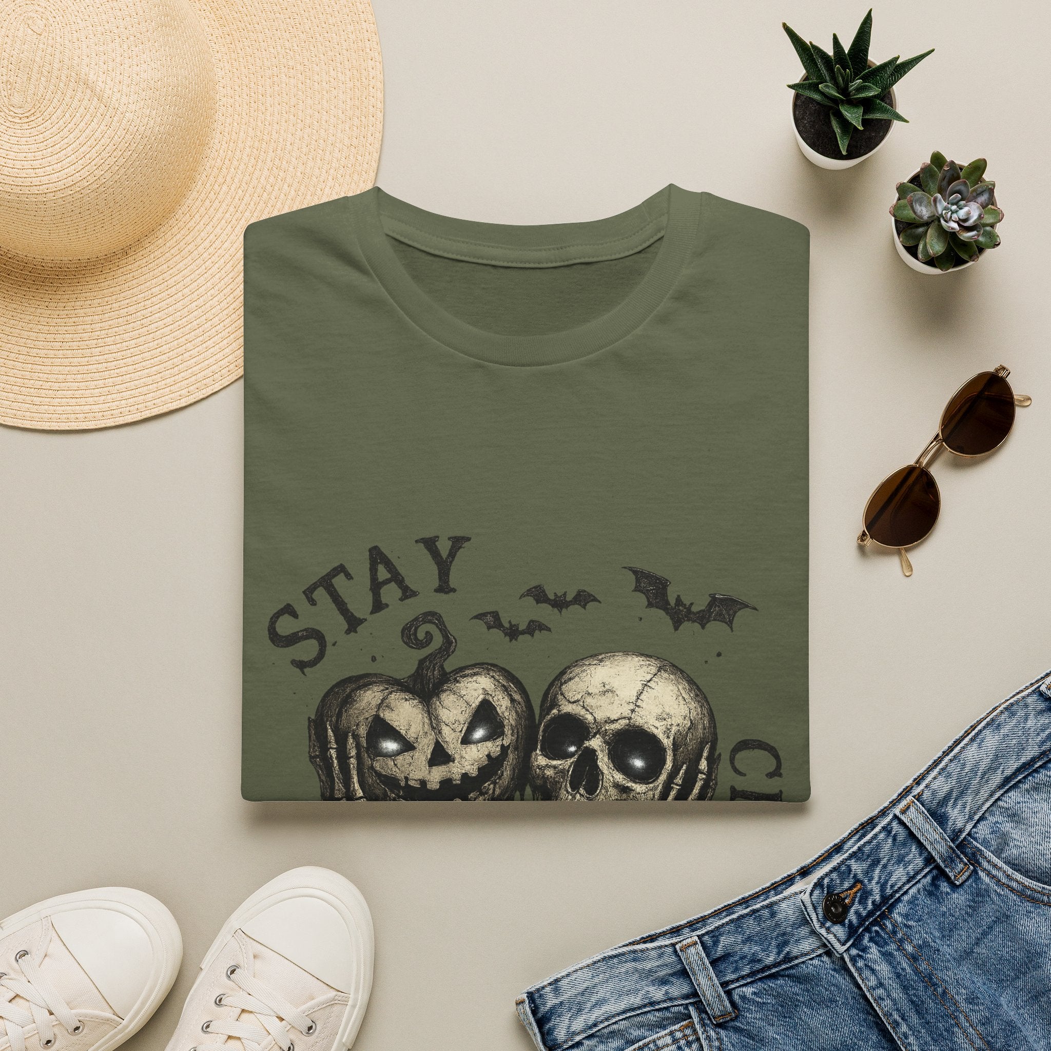 Playera Stay Creepy · Cráneo Vintage y Calabazas · Gothic Halloween Skull Pumpkin Tee