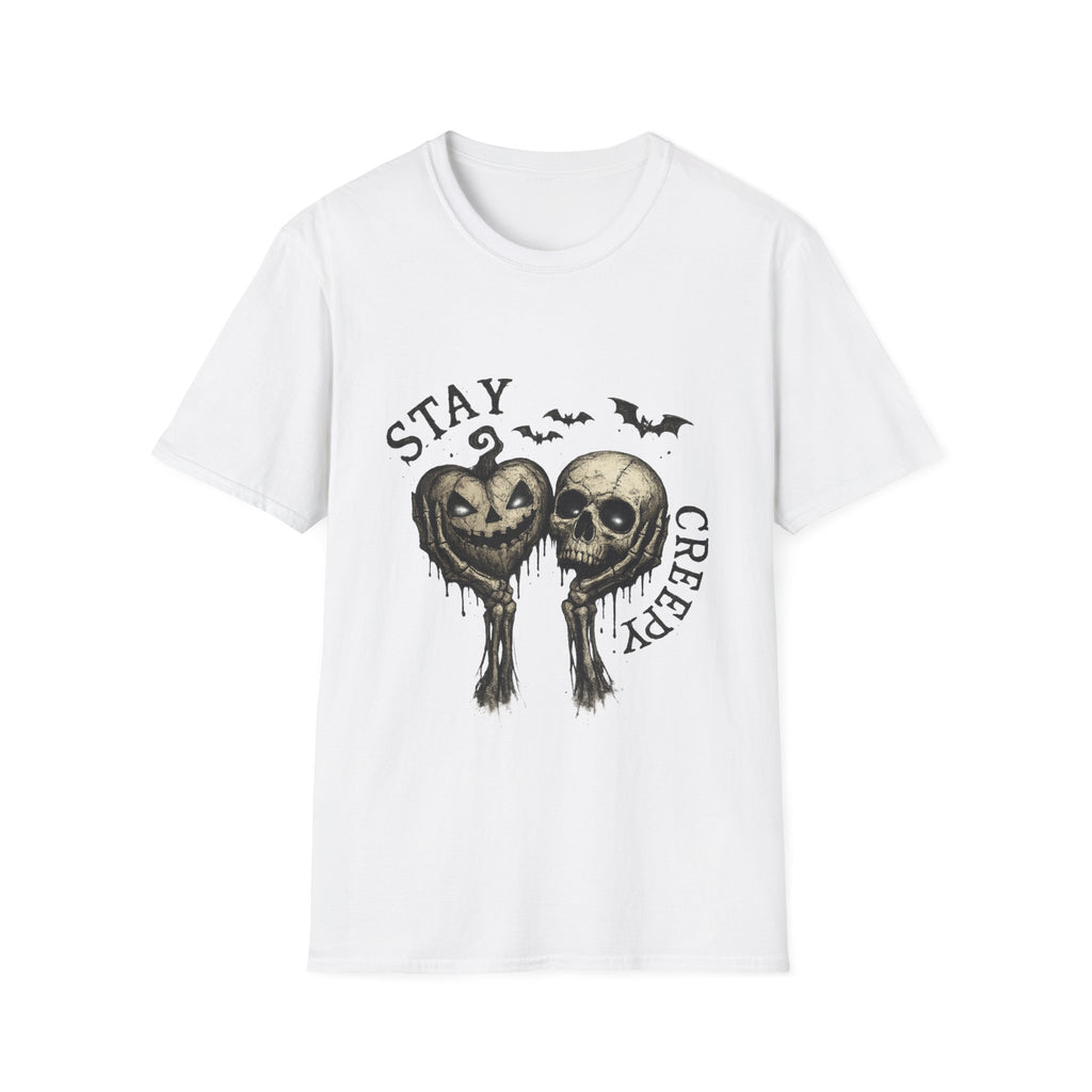 Playera Stay Creepy · Cráneo Vintage y Calabazas · Gothic Halloween Skull Pumpkin Tee