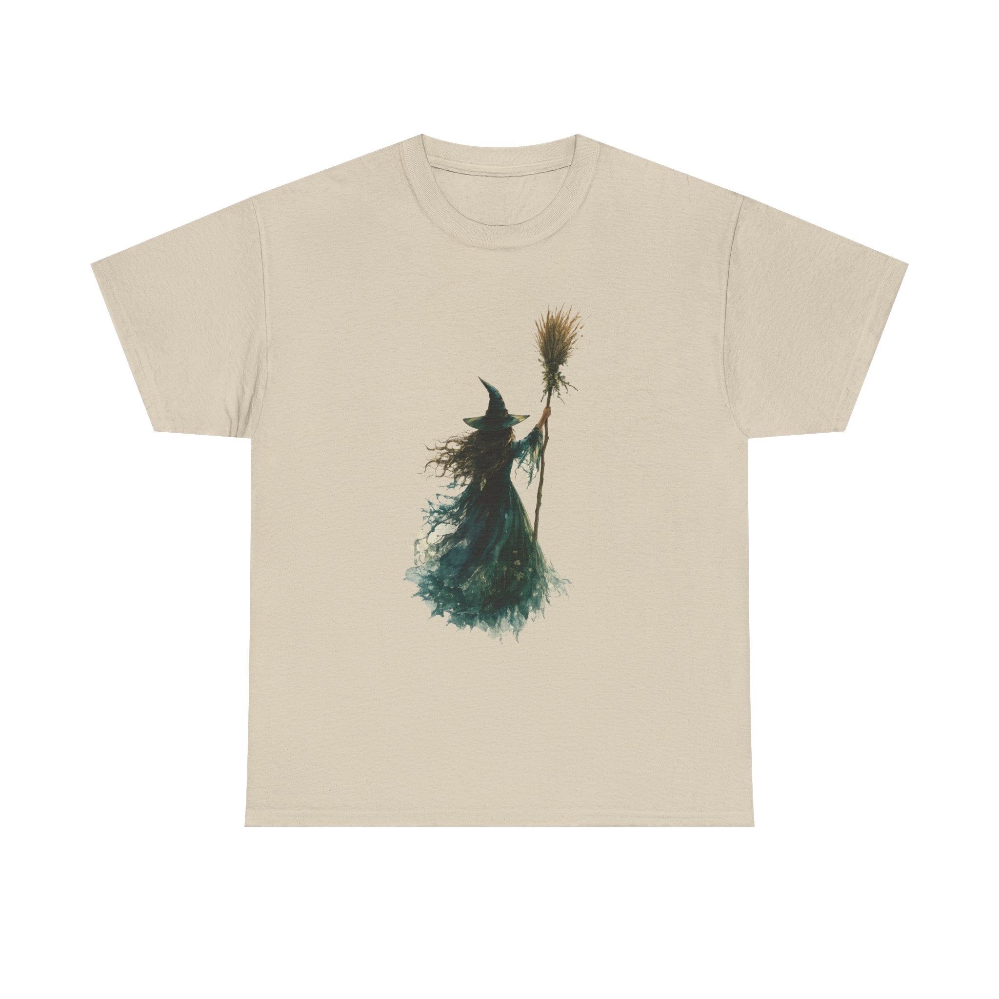 Watercolor Witch T-Shirt - mystical broom silhouette, gothic halloween tee - foto 3