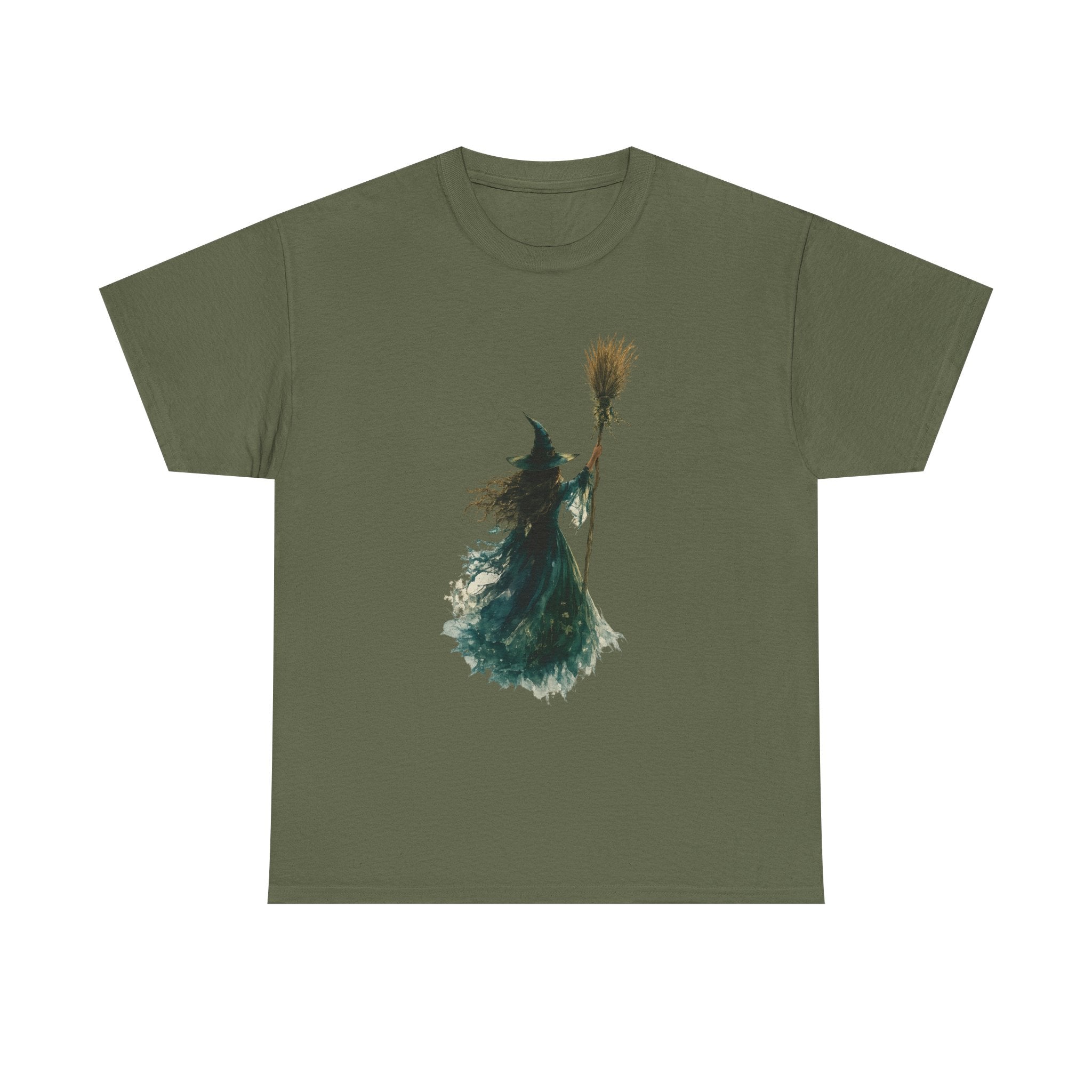 Watercolor Witch T-Shirt - mystical broom silhouette, gothic halloween tee - foto 4