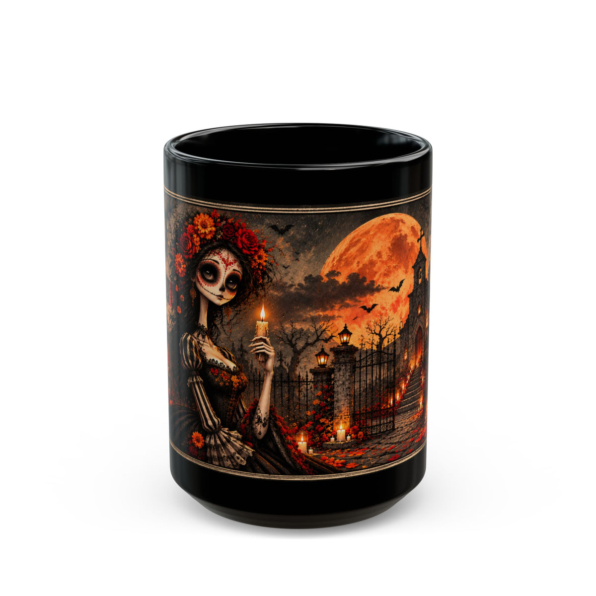 Day of the Dead Catrina Mug | Gothic Halloween Black Coffee Mug | Sugar Skull Gift 11oz 15oz